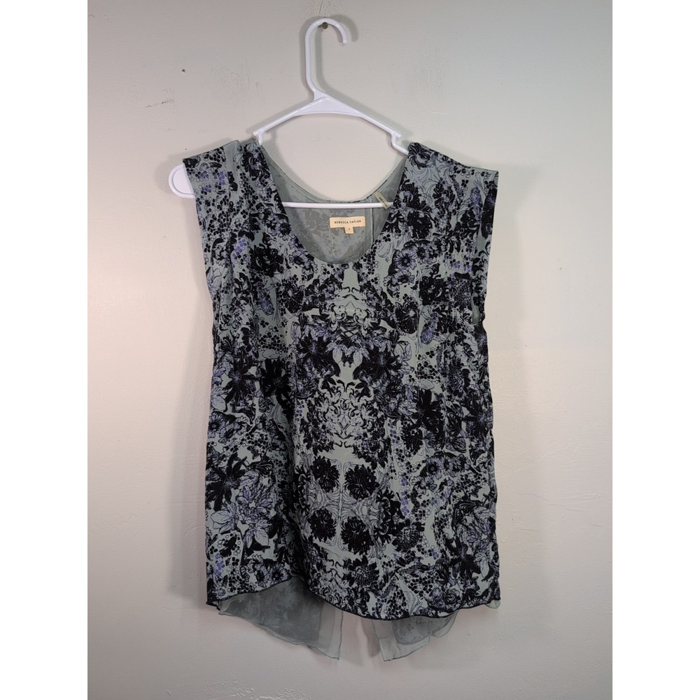 Rebecca Taylor Blue Floral Silk Split Back Tank Top Sz 4 Quiet Luxury